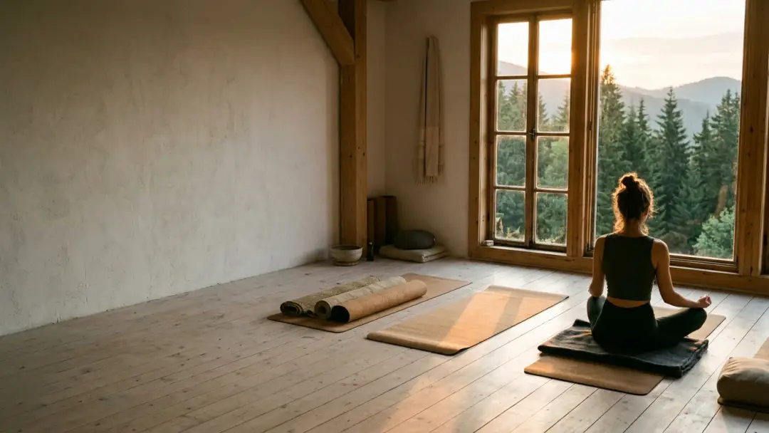 A quiet yoga studio at sunrise, mats on an oak floor and a student meditating by a tall window with fir-covered slopes outside